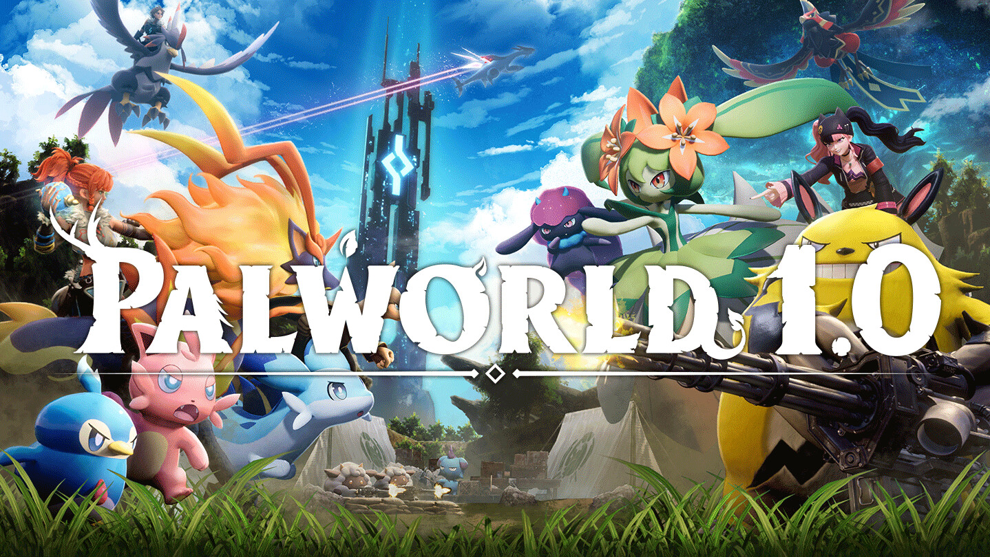 "Palworld 1.0" text surrounded by pals on either side looking ready to attack. There's some tents in the middle that look like a basic camp, and a big tower in the distant background that has a glowing symbol on it.