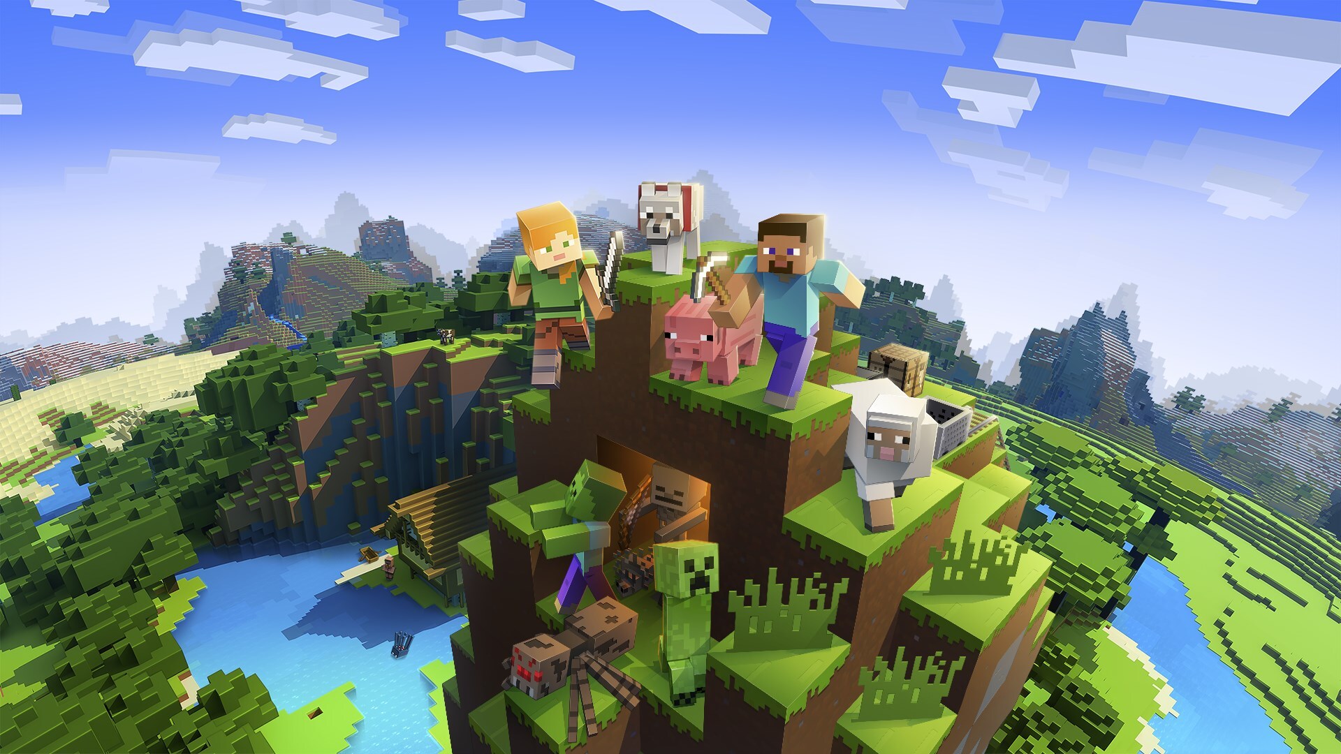 Minecraft Steve and Alice standing on top of a hill with enemies below them.